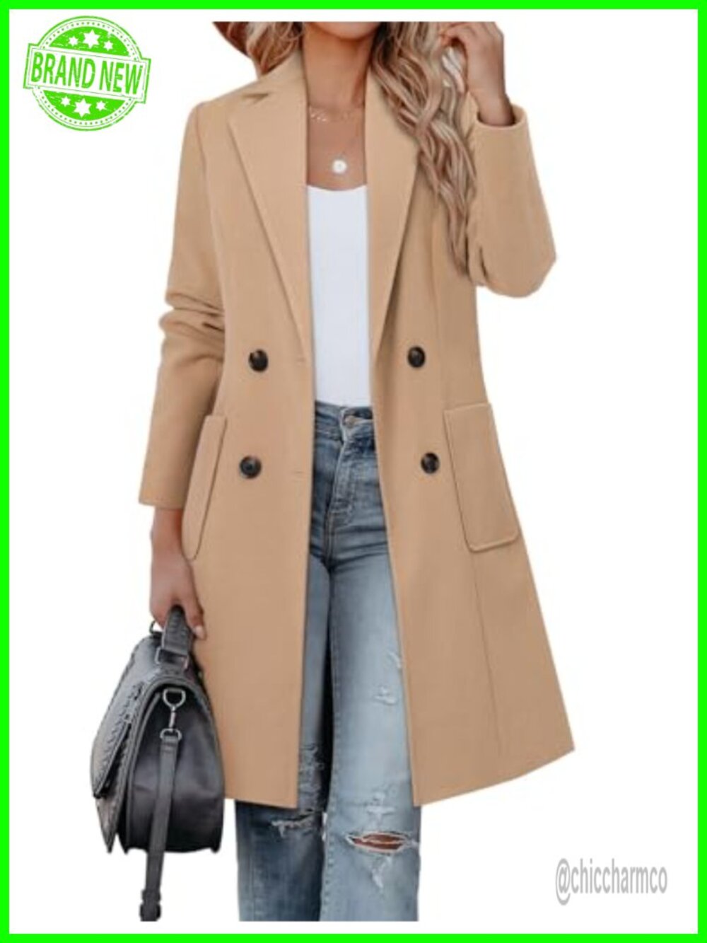 Wool Blend Notch Lapel Double Breasted Mid Long Pea Coat Overcoat Winter